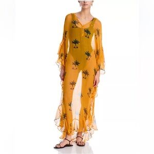 Coniglio Palm Beach Marjorie Caftan Maxi Dress Yellow Palm Print One Size NWT